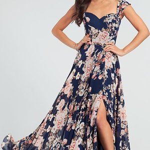 Kleinfeld Long Chiffon Floral Print Dress